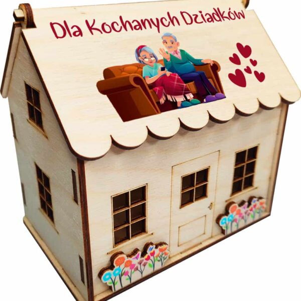 Dzień babci i dziadka Domek drewniany pudełko pojemnik na słodycze kolorowy nadruk