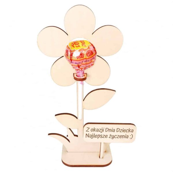 Kwiat na podstawce na lizaka słodycze drewniany z grawerem na Dzień Dziecka