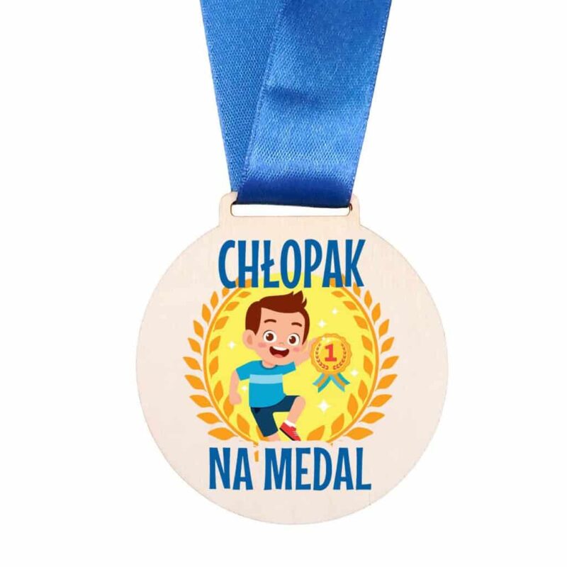 Medal drewniany na wstążce z kolorowym nadrukiem na Dzień Chłopaka