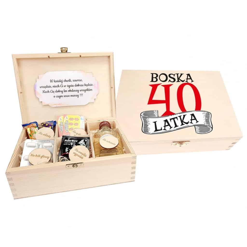 Niezbędnik pudełko drewniane z przegródkami na urodziny z kolorowym nadrukiem