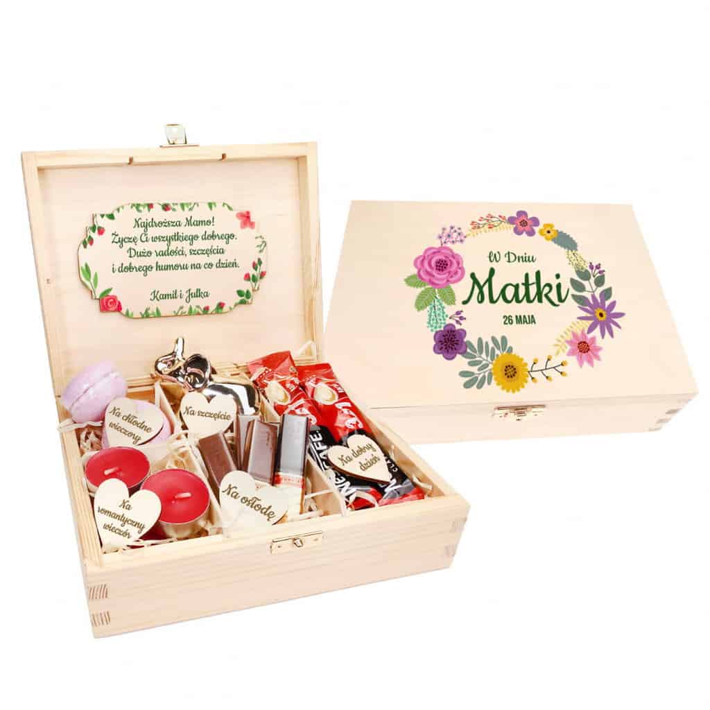 Niezbędnik pudełko drewniane z przegródkami z kolorowym nadrukiem na Dzień Matki
