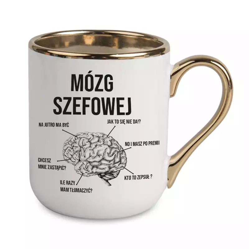 Biało złoty kubek dla szefowej elegancki kubek na prezent MÓZG SZEFOWEJ
