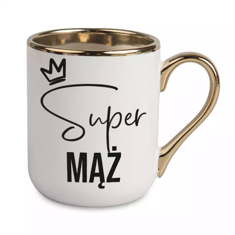 Kubek na prezent dla SUPER MĘŻA elegancki biało złoty kubek dla niego
