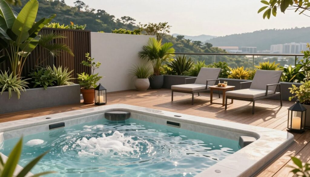 A serene modern terrace featuring a luxurious outdoor jacuzzi, surrounded by elegant wooden decking and lush greenery. In the foreground, soft, inviting bubbles rise from the jacuzzi, reflecting sunlight. Carefully arranged sleek outdoor furniture, like minimalist lounge chairs and a small table with refreshments, adds to the inviting atmosphere. In the middle ground, vibrant potted plants and decorative lanterns enhance the natural beauty, while a stylish privacy screen adds a touch of sophistication. In the background, gentle hills or a glimpse of a city skyline provide a picturesque view. The scene is illuminated by soft afternoon sunlight, creating a warm and welcoming mood, captured from a slightly elevated angle to showcase the entire setting beautifully.