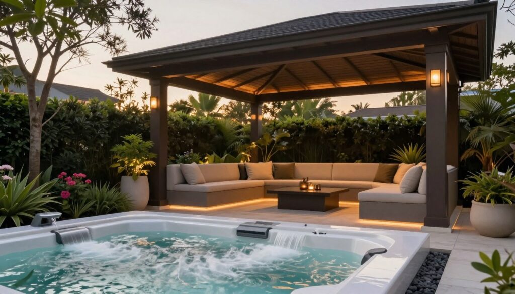 A stylish modern outdoor relaxation area featuring a luxurious jacuzzi surrounded by a durable, elegant roof structure for shelter. In the foreground, a sleek jacuzzi bubbles gently, with cascading water features. The middle ground showcases comfortable, contemporary seating with plush cushions, elegant planters with greenery, and soft ambient lighting that creates a cozy atmosphere. In the background, lush landscaping with tall trees and flowering shrubs adds to the serene environment. The scene is illuminated with warm, golden-hour lighting, creating a tranquil mood. Capture the image from a slightly elevated angle to provide a comprehensive view, emphasizing the harmony between the jacuzzi and its protective covering, showcasing that relaxation is attainable in any weather.
