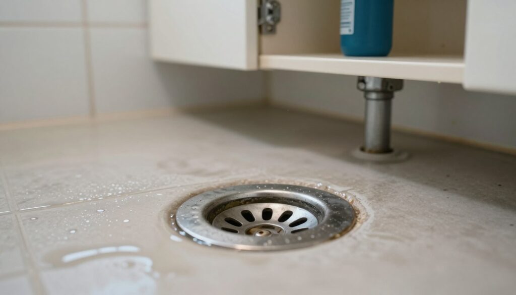 A bathroom setting featuring a close-up view of a shower drain, showcasing a partially obstructed drainage system. In the foreground, the focus is on the drain, with water pooling around it, revealing the cause of slow drainage. In the middle ground, glints of light reflect off the damp surface, emphasizing the need for maintenance. The background includes tiled walls and a slightly open cabinet, hinting at common bathroom tools for unclogging. The lighting is soft and natural, emanating from a nearby window, creating a calm yet slightly frustrating atmosphere. The image should evoke a sense of urgency for diagnosing plumbing issues, with no human presence or distracting elements. A bathroom setting featuring a close-up view of a shower drain, showcasing a partially obstructed drainage system. In the foreground, the focus is on the drain, with water pooling around it, revealing the cause of slow drainage. In the middle ground, glints of light reflect off the damp surface, emphasizing the need for maintenance. The background includes tiled walls and a slightly open cabinet, hinting at common bathroom tools for unclogging. The lighting is soft and natural, emanating from a nearby window, creating a calm yet slightly frustrating atmosphere. The image should evoke a sense of urgency for diagnosing plumbing issues, with no human presence or distracting elements.