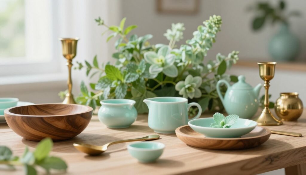 A beautifully arranged still life showcasing materials that enhance mint color. In the foreground, display elegant wooden accents, like a finely crafted tabletop or decorative bowl, alongside shimmering gold and brass items, such as candle holders and small sculptures. Add delicate ceramic pieces in soft mint hues, artistically interspersed among the woods and metals. The middle ground should feature a lush arrangement of plants or flowers that complement the mint, creating a harmonious blend. In the background, create a light, airy ambiance with soft natural lighting, casting gentle shadows for depth. Use a soft focus lens to enhance the textures of the materials while maintaining a serene, inviting atmosphere that inspires creativity and warmth. A beautifully arranged still life showcasing materials that enhance mint color. In the foreground, display elegant wooden accents, like a finely crafted tabletop or decorative bowl, alongside shimmering gold and brass items, such as candle holders and small sculptures. Add delicate ceramic pieces in soft mint hues, artistically interspersed among the woods and metals. The middle ground should feature a lush arrangement of plants or flowers that complement the mint, creating a harmonious blend. In the background, create a light, airy ambiance with soft natural lighting, casting gentle shadows for depth. Use a soft focus lens to enhance the textures of the materials while maintaining a serene, inviting atmosphere that inspires creativity and warmth.