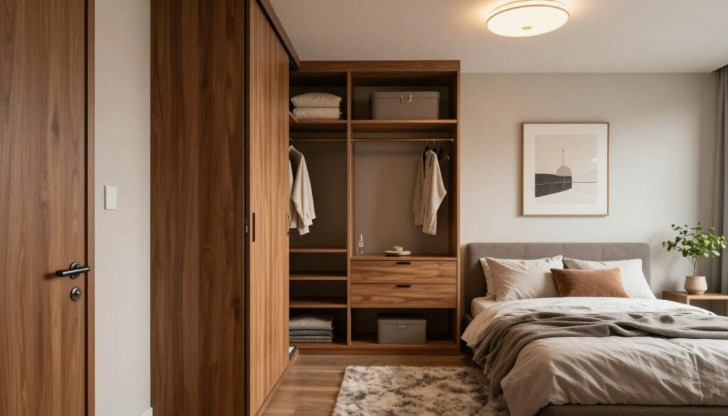 A beautifully designed bedroom wardrobe, showcasing a modern, functional closet solution that maximizes space in a small room. The foreground features sleek, wooden sliding doors with elegant handles, partially open to reveal neatly organized shelves and hanging spaces. In the middle, soft lighting emanates from a decorative ceiling fixture, highlighting the rich textures of a plush rug beneath a neatly made bed adorned with minimalist bedding. The backdrop shows a cozy, well-decorated wall with contemporary art and a small potted plant, enhancing the room's inviting atmosphere. The scene captures a serene mood, blending modern design with practicality, perfect for illustrating efficient wardrobe solutions in a bedroom setting.