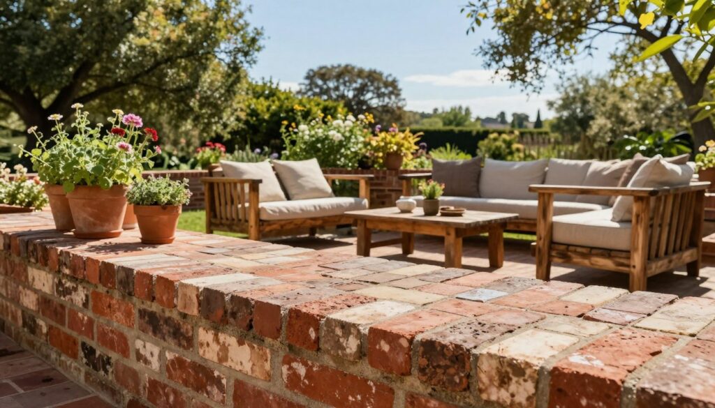 A beautifully designed outdoor terrace featuring a rustic style, constructed from reclaimed bricks. In the foreground, display a close-up of the textured brick surface, revealing its warm, earthy tones of reds and browns. Include an arrangement of potted herbs and flowers to enhance the inviting atmosphere. In the middle ground, depict a cozy seating area with rustic wooden furniture and soft cushions, inviting relaxation. The backdrop features a green garden with trees and a clear blue sky, creating a serene environment. Soft, natural sunlight filters through the foliage, casting gentle shadows, and a wide-angle perspective captures the entire scene, emphasizing the harmony between the terrace and nature. The overall mood is warm and welcoming, ideal for outdoor gatherings.