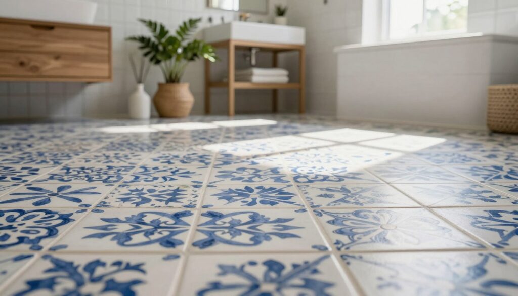 A beautifully renovated bathroom floor featuring old ceramic tiles, showcasing a fresh and modern update without any renovation work. In the foreground, a close-up view of a vibrant, patterned tile with hints of blue and white, accentuated by soft shadows. In the middle ground, a wider angle reveals a well-lit bathroom space with an elegant contrast between the polished tiles and tasteful decor, such as potted plants and minimalist accessories. The background captures a subtle glimpse of the bathroom vanity, complemented by warm, natural light streaming in from a window, creating an inviting atmosphere. The overall mood is refreshing and calming, ideal for illustrating a bathroom makeover.