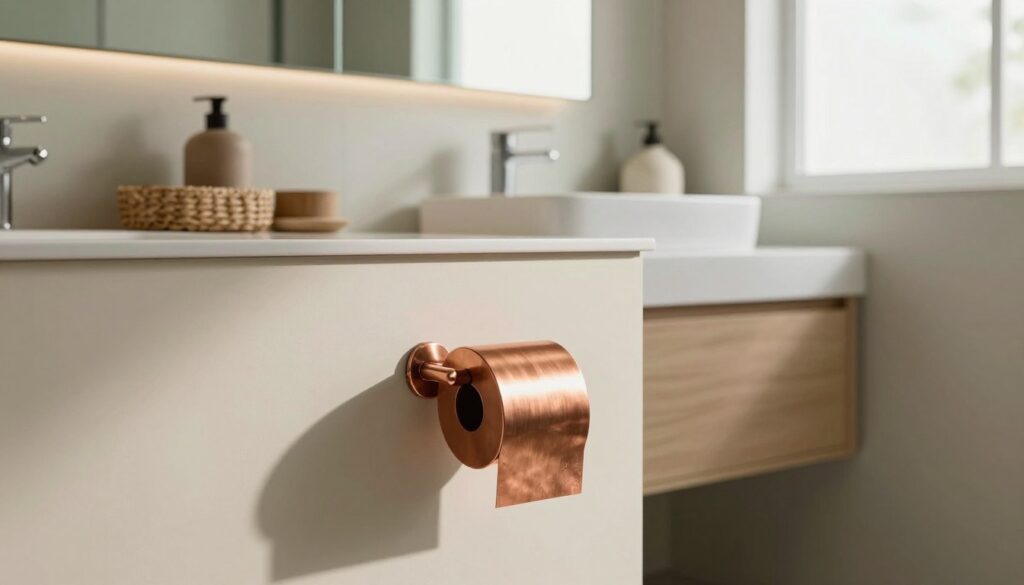 A beautifully styled bathroom showcasing a copper toilet paper holder as a focal point. In the foreground, the copper holder elegantly juxtaposes against a soft cream-colored wall. The middle layer features a modern, minimalist bathroom sink and countertop, tastefully arranged with complementary accessories such as woven baskets and ceramic containers. In the background, a well-lit mirror reflects the serene ambiance, enhanced by natural light streaming through a frosted window. The atmosphere exudes sophistication and tranquility, with a color palette of warm earth tones and subtle greens, creating a cohesive look in line with modern interior design trends. Soft shadows and a slight depth of field draw attention to the detailed textures of the materials while maintaining a clean, inviting aesthetic. A beautifully styled bathroom showcasing a copper toilet paper holder as a focal point. In the foreground, the copper holder elegantly juxtaposes against a soft cream-colored wall. The middle layer features a modern, minimalist bathroom sink and countertop, tastefully arranged with complementary accessories such as woven baskets and ceramic containers. In the background, a well-lit mirror reflects the serene ambiance, enhanced by natural light streaming through a frosted window. The atmosphere exudes sophistication and tranquility, with a color palette of warm earth tones and subtle greens, creating a cohesive look in line with modern interior design trends. Soft shadows and a slight depth of field draw attention to the detailed textures of the materials while maintaining a clean, inviting aesthetic.