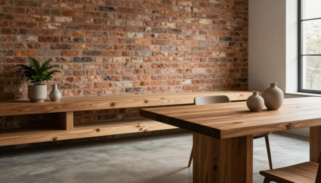 A beautifully styled interior featuring a brick wall accentuated by the warmth of natural wood and the sleekness of concrete. In the foreground, a modern wooden table with rich textures is set with minimalist decor items like a potted plant and a simple ceramic vase. The middle ground showcases a layered composition of wooden beams and a polished concrete floor, creating an inviting atmosphere. The background reveals a soft, diffused light filtering through large windows, casting gentle shadows that enhance the materials' nuances. The overall mood is cozy yet contemporary, illustrating a harmonious blend of rustic and industrial elements that bring character to the space. Focus on warm color tones with contrasting textures, evoking a sense of both comfort and sophistication.