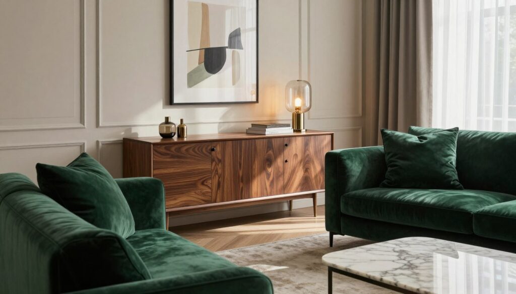 A beautifully styled modern classic interior featuring elegant materials and textures that embody sophistication. In the foreground, a luxurious velvet sofa in deep emerald green, adorned with plush throw pillows, contrasts with a sleek marble coffee table. The middle ground showcases a contemporary wooden sideboard with intricate detailing, alongside a stylish glass lamp casting warm, inviting light. The background displays soft, neutral walls with framed abstract artwork and tasteful drapery, enhancing the overall elegance. Soft sunlight filters through sheer curtains, creating a serene, upscale atmosphere. The composition should be shot from a slightly elevated angle to capture the interplay of textures and colors harmoniously, evoking a sense of modern sophistication.