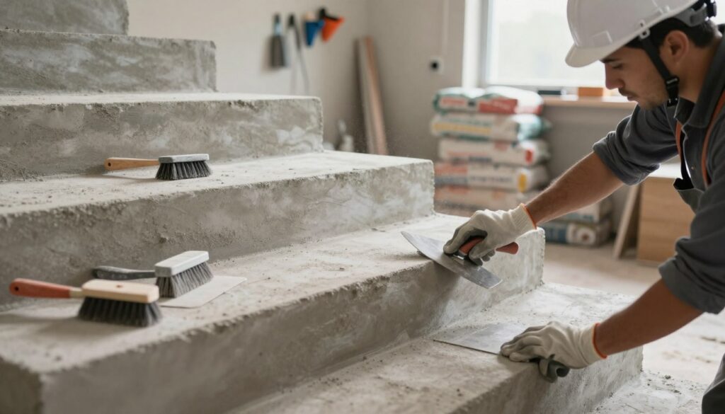 A bright workshop scene focused on the surface preparation of concrete steps. In the foreground, a professional wearing a hard hat and gloves meticulously scrapes and cleans a concrete stair surface with a trowel, ensuring it's smooth. Various tools, like brushes and scrapers, are neatly arranged nearby. The middle ground features partially completed concrete steps with a faint dust cloud from sanding, highlighting the texture of the surface. The background shows a well-lit industrial environment, with tools hanging on the walls and stacks of concrete bags. Soft, natural lighting filters in through a nearby window, giving a warm, inviting atmosphere to the scene. The mood reflects a sense of careful craftsmanship and attention to detail in home renovation.
