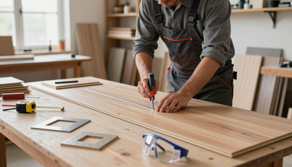 A carpenter in professional attire is carefully cutting vinyl floor panels on a workbench in a well-lit workshop. The foreground features a precision saw with a fine-toothed blade, surrounded by neatly arranged tools including a measuring tape, a square, and safety goggles. The middle ground showcases the carpenter focused on making precise cuts to avoid splintering, with some cut panels lying flat beside him. In the background, shelves lined with various flooring materials create a busy yet organized atmosphere. Soft, natural light coming from a large window highlights the details and textures of the wood grain on the panels, conveying a sense of craftsmanship and attention to detail. The overall mood is focused and professional, emphasizing the importance of clean and accurate cutting techniques.