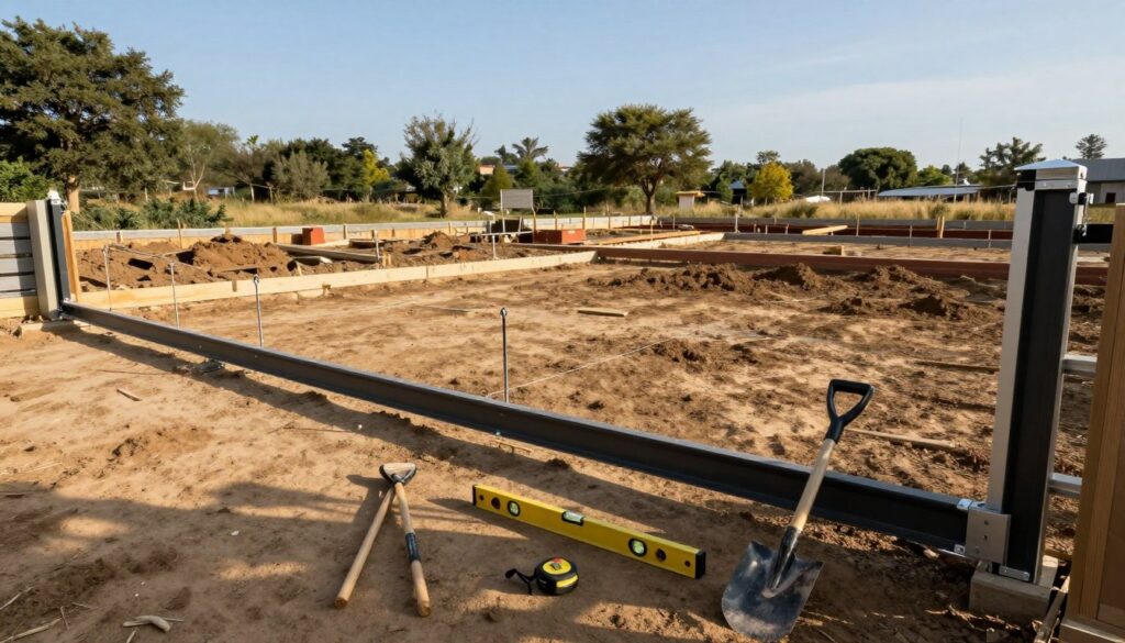 A clean construction site prepared for the installation of a sliding gate, showcasing a level, compacted ground ready for foundation work. In the foreground, there are neatly arranged tools like a shovel, level, and measuring tape, indicating the essential preparations for the project. The middle ground features stakes and string marking the gate's future location, while a partially assembled sliding gate can be seen nearby, highlighting the focus on the installation process. In the background, natural landscaping is visible, with trees and a clear blue sky. The scene is illuminated by warm, natural sunlight, creating an inviting and productive atmosphere. The angle is slightly elevated, providing a clear view of the entire site while maintaining a professional tone.