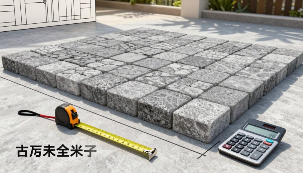 A clear and informative illustration depicting the calculation of cubic meters for paving stones based on the length and width of a surface. In the foreground, display a measuring tape laid out on the ground next to a calculator, with numbers showing. In the middle ground, feature a large rectangular area of freshly laid cobblestones, showcasing different patterns and textures. In the background, include a simple architectural outline or a landscaped garden hinting at residential or commercial use. Natural day lighting casts soft shadows, suggesting an early morning or late afternoon setting. The overall mood is practical and educational, aimed at helping readers visualize the process of measuring for paving. A clear and informative illustration depicting the calculation of cubic meters for paving stones based on the length and width of a surface. In the foreground, display a measuring tape laid out on the ground next to a calculator, with numbers showing. In the middle ground, feature a large rectangular area of freshly laid cobblestones, showcasing different patterns and textures. In the background, include a simple architectural outline or a landscaped garden hinting at residential or commercial use. Natural day lighting casts soft shadows, suggesting an early morning or late afternoon setting. The overall mood is practical and educational, aimed at helping readers visualize the process of measuring for paving.