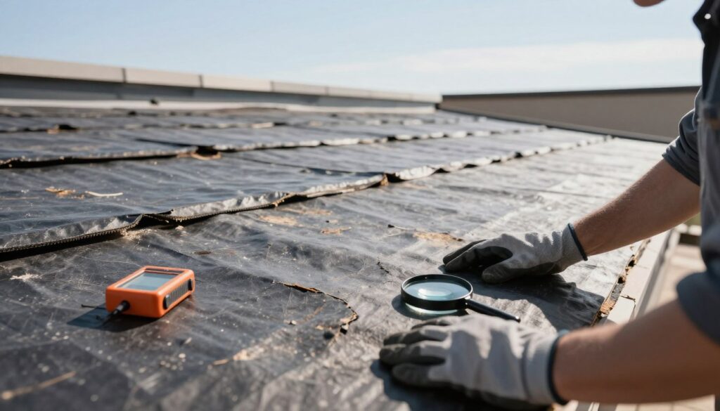 A close-up examination of a flat rooftop terrace, focusing on the condition of the roofing material, specifically a layer of roofing felt. In the foreground, a pair of professional hands wearing gloves interacts with the surface, inspecting for wear and tear, while tools like a moisture meter and magnifying glass are nearby. The middle ground features the textured surface of the roofing felts, showing signs of age like minor cracks and discoloration. In the background, a clear blue sky with soft, natural lighting illuminates the scene, casting gentle shadows. The atmosphere is calm and focused, conveying a meticulous assessment process. Shot in a slightly elevated angle to capture the details effectively, ensuring clarity in the state of the roofing.