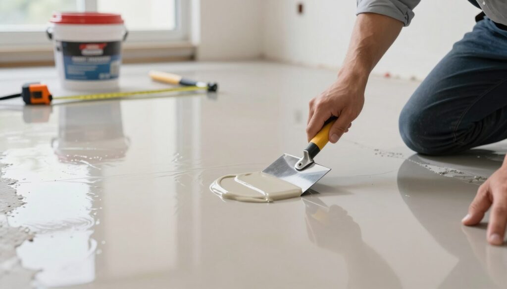 A close-up of a modern flooring project featuring freshly mixed epoxy and polyurethane resins in various colors, showcasing a smooth and glossy surface ready for application. In the foreground, a professional in business attire carefully spreads the resin with a trowel, demonstrating technique and precision. In the middle, the partially completed floor displays a seamless blend of epoxy colors, highlighting the even texture essential for floor leveling. The background includes tools like measuring tapes and mixing containers, along with bright, diffused lighting that creates a clean and inviting atmosphere. The scene conveys a sense of innovation and craftsmanship, emphasizing the contemporary methods of floor leveling.