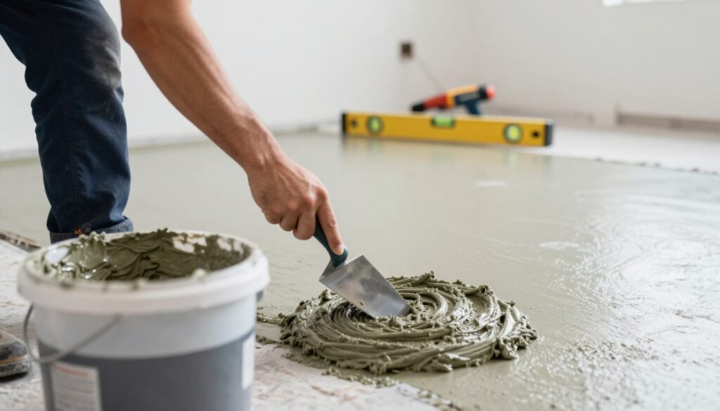 A close-up scene depicting a construction worker expertly pouring self-leveling compound onto a floor in a brightly lit room. In the foreground, there is a bucket of the self-leveling compound, and the worker is using a trowel to spread the mixture evenly. The middle ground showcases the fresh, smooth surface of the floor beginning to level out. The background features tools like a spirit level and mixing equipment, subtly placed against a backdrop of clean, modern room design, enhancing the focus on the flooring process. The lighting is bright and even, creating a professional, industrious atmosphere, with soft shadows that emphasize depth. The composition should evoke a sense of precision and craftsmanship.