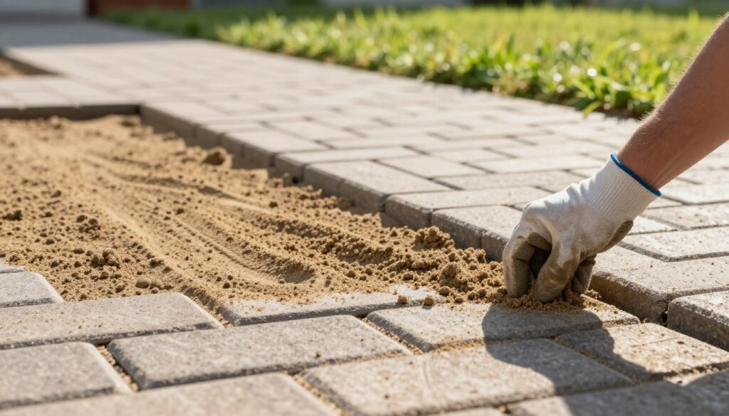 A close-up scene depicting the process of sand grouting on a paved surface. In the foreground, a hand in a professional glove is carefully spreading fine sand into the joints of interlocking pavers, showcasing attention to detail. In the middle ground, a partially completed area reveals the contrast between the filled and unfilled joints, demonstrating the effectiveness of the grouting process. The background features a well-maintained outdoor space with neatly laid bricks and vibrant green grass, enhancing the visual appeal. Warm, natural sunlight illuminates the scene, casting soft shadows and creating a serene atmosphere. The angle captures the precision of the task, emphasizing the importance of correct sand grouting techniques while maintaining a calm and orderly environment.