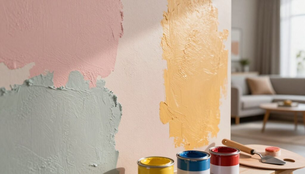 A close-up view of a beautifully textured wall showcasing various decorative paint finishes and textured plaster that cleverly distract from wall imperfections. In the foreground, a palette of vibrant paint cans and trowels, along with a partially painted wall demonstrating different application techniques. In the middle, the wall features a blend of soft pastel shades and bold accent colors, highlighting different techniques like sponging, rag rolling, and stucco. The background shows a stylish room with modern furniture, bathed in warm, natural light filtering through a window, creating a cozy and inviting atmosphere. Lens focus on the wall textures, capturing details with a shallow depth of field, emphasizing the artistry in wall treatments.