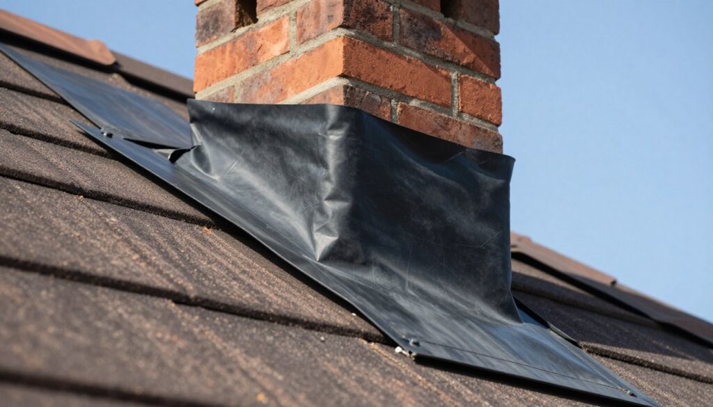 A close-up view of a chimney flashing installation on a sloped roof, showcasing the sealing around the chimney's base with rubber membranes and metal flanges. The image should prominently feature the details of the flashing, emphasizing its tight fit and waterproof qualities. The foreground should highlight the textures of the membrane and flanges, while the middle ground includes the chimney, with visible bricks and mortar. The background shows a clear, blue sky, enhancing the contrast of the roofing materials. Soft sunlight illuminates the scene, creating shadows that add depth to the textures. The overall mood should convey professionalism and attention to detail, ideal for a construction-focused article on chimney sealing techniques.