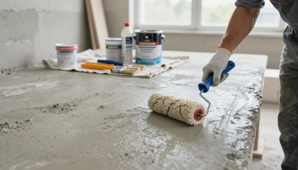 A close-up view of a concrete surface being prepared for painting, showcasing a worker in professional attire applying a primer coat. The foreground features the worker holding a paint roller and wearing gloves, focused on creating an even layer over the textured concrete. In the middle, various painting tools, such as brushes and rollers, are neatly arranged on a drop cloth, with cans of primer and sealant visible. The background includes a well-lit workshop environment with natural light filtering through windows, highlighting the details of the concrete and tools. The atmosphere conveys a sense of preparation and care, emphasizing the importance of proper surface treatment for durability without losing the architectural effect of the concrete.