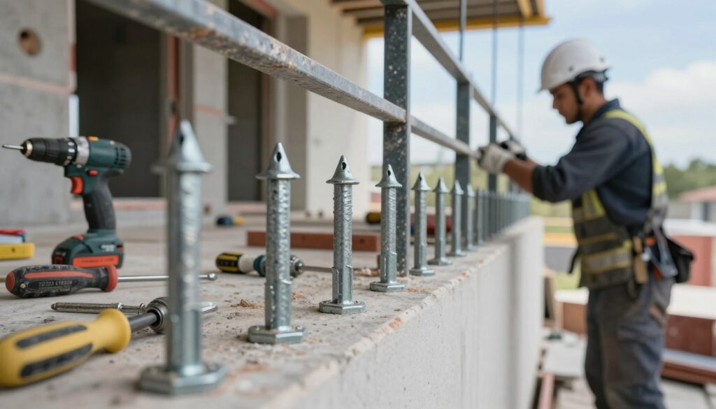 A close-up view of a construction site featuring an intricate installation of chemical anchors and distance sleeves for a balcony railing. In the foreground, showcase detailed, robust chemical anchors embedded in a wall, surrounded by construction tools like drills and screwdrivers. The middle ground should include a worker in a safety helmet and professional attire, carefully adjusting the railing with precision. The background reveals a partially finished building structure with insulated walls and clear blue skies. Use soft, natural lighting to create a bright, optimistic atmosphere, highlighting the importance of proper installation techniques. The angle should focus on the work being done, emphasizing both safety and craftsmanship.
