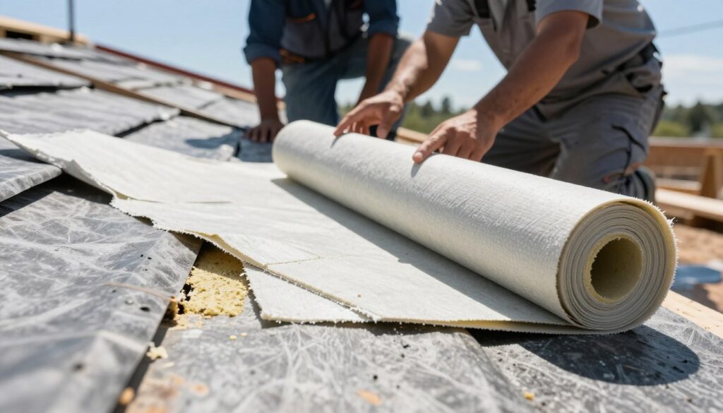 A close-up view of a construction site showcasing common mistakes in combining polystyrene insulation with roofing felt. In the foreground, emphasize an improperly laid polystyrene sheet, with visible gaps and misalignments, alongside a roll of roofing felt that is crumpled and incorrectly positioned. In the middle ground, depict workers in professional construction attire carefully examining their work, pointing out errors and discussing corrective measures. The background features a partially completed roof under a bright, clear blue sky, ensuring good visibility of the materials. Use natural daylight to create a realistic atmosphere, highlighting the textures of the materials involved, and evoke a sense of diligence and professionalism in the construction process. A close-up view of a construction site showcasing common mistakes in combining polystyrene insulation with roofing felt. In the foreground, emphasize an improperly laid polystyrene sheet, with visible gaps and misalignments, alongside a roll of roofing felt that is crumpled and incorrectly positioned. In the middle ground, depict workers in professional construction attire carefully examining their work, pointing out errors and discussing corrective measures. The background features a partially completed roof under a bright, clear blue sky, ensuring good visibility of the materials. Use natural daylight to create a realistic atmosphere, highlighting the textures of the materials involved, and evoke a sense of diligence and professionalism in the construction process.