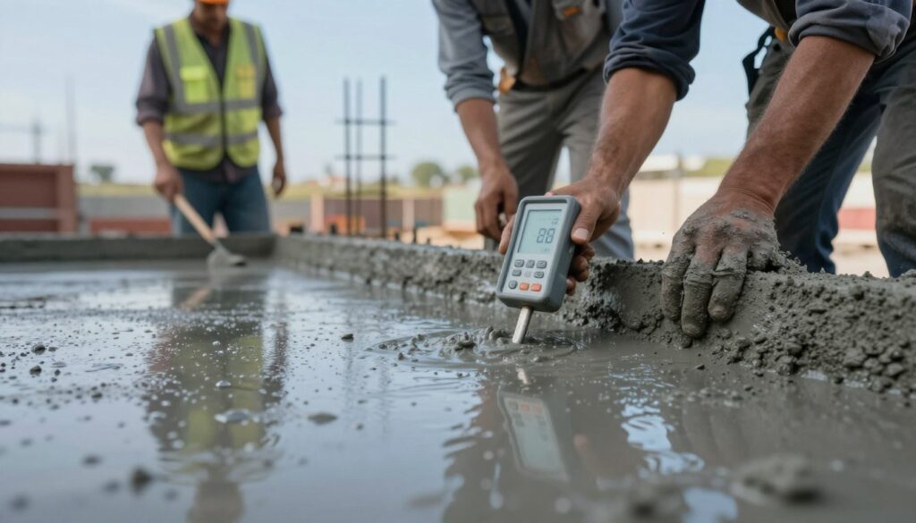 A close-up view of a construction site showcasing freshly poured concrete, illustrating the interaction of humidity and concrete mixtures. In the foreground, droplets of moisture are visible on the surface of the wet concrete, reflecting ambient light. In the middle ground, workers in professional attire are assessing the curing progress, one holding a hygrometer to measure humidity levels, while the other examines the concrete's texture. The background features a clear blue sky, hinting at favorable drying conditions. Soft natural lighting enhances the scene, creating a calm and professional atmosphere. The focus should be on the concrete and the tools used to monitor environmental conditions, with no distractions or text in the image. A close-up view of a construction site showcasing freshly poured concrete, illustrating the interaction of humidity and concrete mixtures. In the foreground, droplets of moisture are visible on the surface of the wet concrete, reflecting ambient light. In the middle ground, workers in professional attire are assessing the curing progress, one holding a hygrometer to measure humidity levels, while the other examines the concrete's texture. The background features a clear blue sky, hinting at favorable drying conditions. Soft natural lighting enhances the scene, creating a calm and professional atmosphere. The focus should be on the concrete and the tools used to monitor environmental conditions, with no distractions or text in the image.