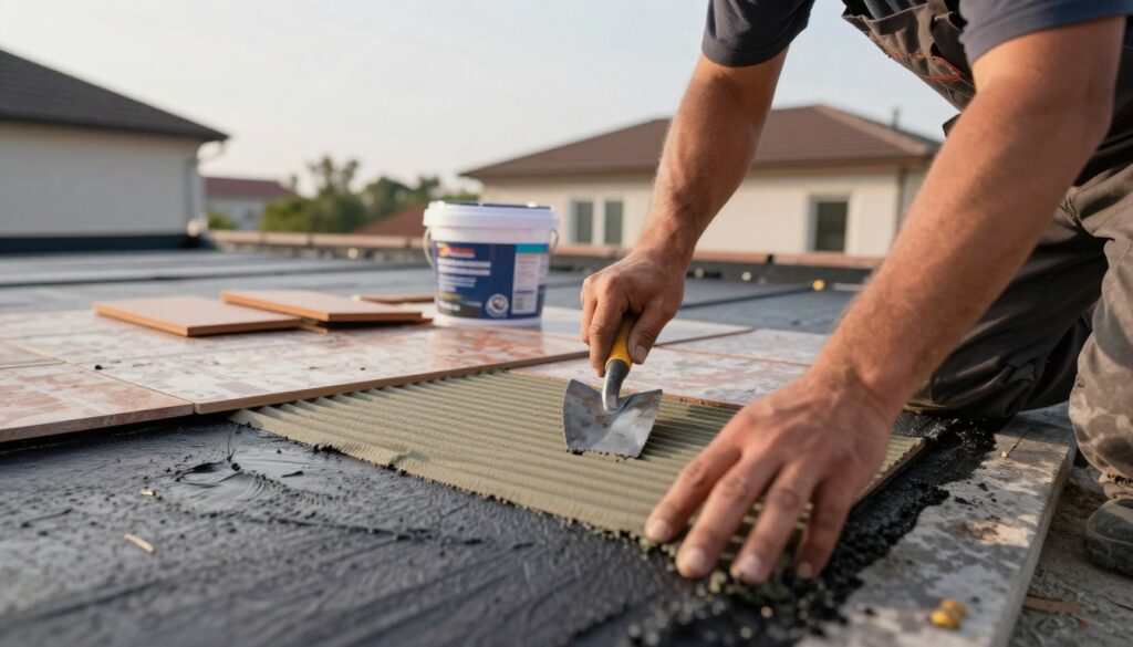 A close-up view of a construction worker carefully applying tiles on a flat roofing system made of bitumen felt, or "papa". The foreground features the worker focused on the tiling process, dressed in professional work attire, using a trowel to spread adhesive on the papę. In the middle ground, several freshly laid tiles are partially visible, showcasing their texture and colors, while an open bucket of adhesive sits nearby. The background depicts a residential terrace environment with a clear sky, emphasizing a work-in-progress scene. Soft, natural light enhances the details, creating a warm and focused atmosphere. The angle is slightly elevated to capture the action and the surface being worked on clearly, highlighting both the worker and the materials involved.