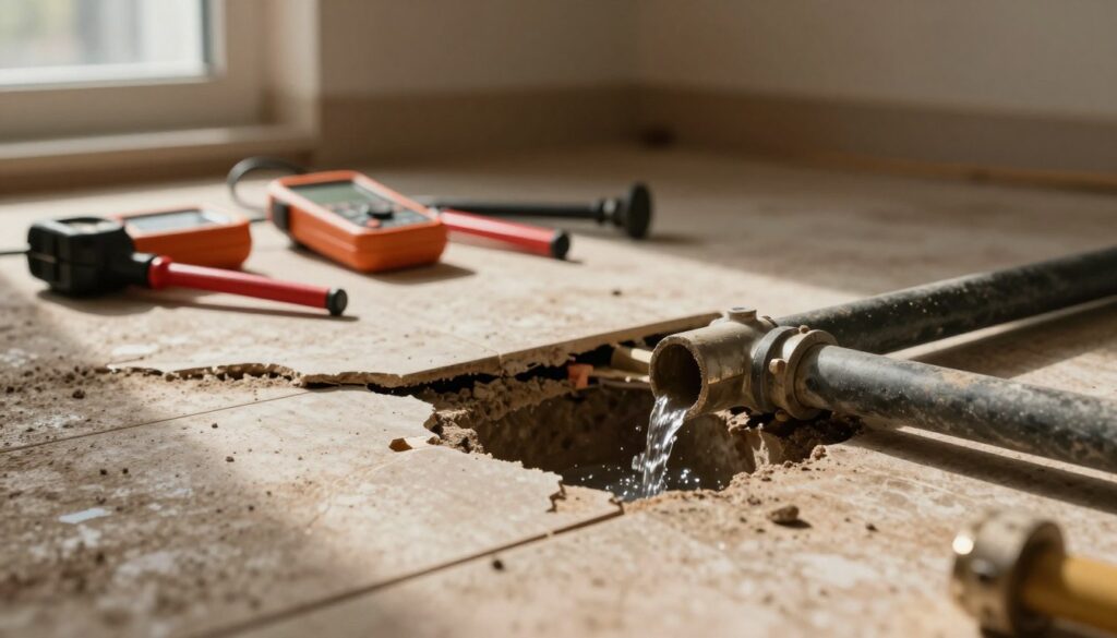 A close-up view of a fragmented floor showcasing exposed pipes, highlighting a broken section of a pipe leaking water. In the foreground, a well-lit, detailed section of the floor with damaged tiles and dirt, indicating potential issues. In the middle ground, a partially visible toolset including a moisture meter, pipe locator, and other plumbing tools, arranged methodically. The background shows a dimly lit room with shadows cast by a nearby window, emphasizing a slightly tense atmosphere as if uncovering a hidden problem. The lighting is warm and inviting, yet slightly dramatic, to illustrate the urgency of detecting plumbing issues before renovation. No text or people are present in the scene.