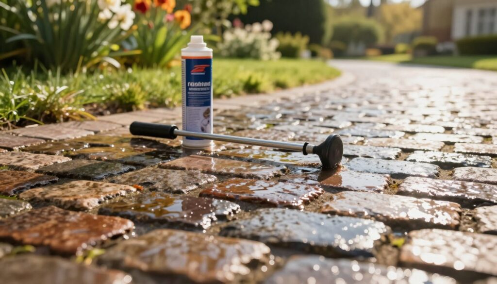 A close-up view of a freshly impregnated cobblestone pathway in a vibrant garden setting. In the foreground, the shiny, wet cobblestones glisten under natural sunlight, showcasing their rich textures and colors enhanced by the impregnation treatment. In the middle ground, a canister of sealant with a professional applicator tool rests against the cobblestones, emphasizing the choice of product. The background features lush greenery and blooming flowers, enhancing the visual appeal. The lighting is warm and inviting, suggesting a sunny day. The angle captures the cobblestones at a slightly elevated position to highlight their surface treatment, creating a feeling of freshness and professionalism. The atmosphere is serene and tidy, underscoring the benefits of proper maintenance for outdoor surfaces.