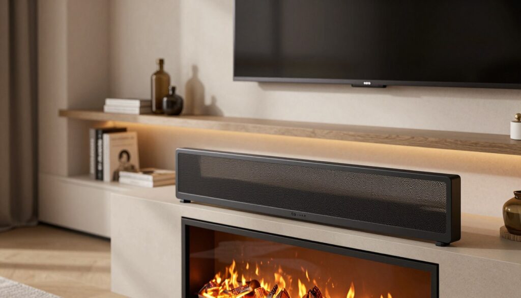 A close-up view of a modern fireplace deflector and thermal screens designed for safety and aesthetics in a stylish living room setting. In the foreground, the deflector is sleek and made of high-quality heat-resistant materials, elegantly positioned above a contemporary fireplace. The middle ground features a floating shelf with decorative items and books, complementing the color palette of the room. The backdrop includes a television mounted on the wall, emphasizing the relationship between the fireplace and entertainment center. Soft, ambient lighting casts gentle shadows, creating a warm and inviting atmosphere. The lens captures the scene at a slight angle, highlighting the design elements and textures while maintaining focus on the deflector and screens.