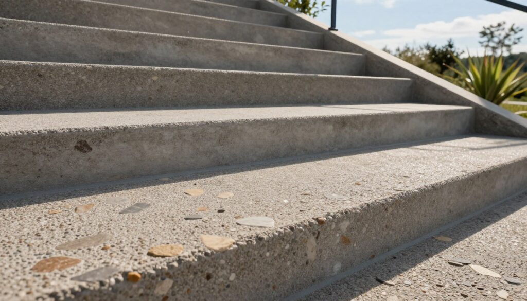 A close-up view of a modern, outdoor concrete staircase showcasing a resin and stone carpet finish. The foreground features the textured surface of the resin with subtle sparkles and a mix of earth-toned stones embedded, creating a visually striking pattern. In the middle ground, the staircase gently climbs, with soft shadows cast by the morning sunlight, highlighting the durability and grip of the surface. The background reveals a serene outdoor landscape with green plants and a clear blue sky, enhancing the fresh and contemporary feel. The image should convey a sense of elegance and functional beauty, emphasizing the traction and resilience of the material. Use natural lighting to create a warm, inviting atmosphere.