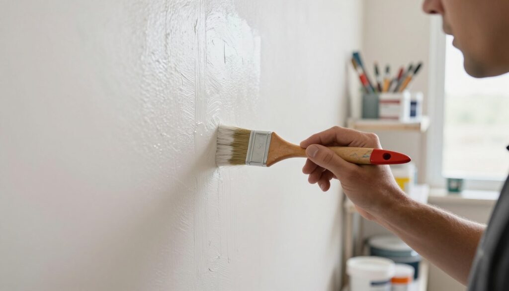 A close-up view of a professional painter applying acrylic primer to a wall before painting. In the foreground, focus on the painter’s hands holding a brush, meticulously smoothing the acrylic onto a textured surface. The middle ground should showcase the wall being prepped, glistening with fresh acrylic, highlighting the contrast between the primed area and the unfinished section. In the background, include shelves stocked with various painting tools and containers of acrylic paints, softly blurred to emphasize the main action. The lighting is bright and natural, filtering through a window, creating a clean, inviting atmosphere. The mood is productive and organized, reflecting a standard practice in painting preparation.