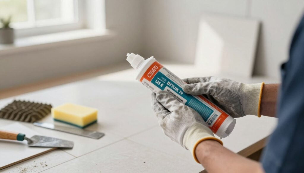 A close-up view of a professional tiler preparing to open a bag of grout in a well-lit, modern tiling workspace. In the foreground, visualize a pair of hands wearing protective gloves holding the bag of grout, with the texture and color of the grout clearly visible. The middle ground features a clean and organized workspace, with tiles and grout tools like a trowel and sponge elegantly arranged. In the background, soft light filters in through a window, casting gentle shadows and creating an inviting atmosphere. The mood is focused and professional, highlighting the importance of proper preparation before starting a tiling project. The scene captures a moment of anticipation, reflecting common mistakes that can occur before opening the grout bag.