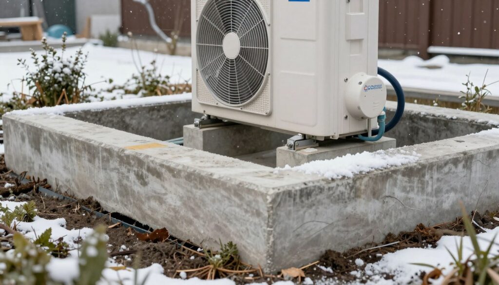 A close-up view of a sturdy foundation for a heat pump system, showcasing its robust construction. The foreground features a well-structured concrete base with integrated drainage for moisture management. In the middle ground, the heat pump is securely mounted on the foundation, designed to withstand snow and vibrations. Surrounding vegetation is depicted, illustrating a climate-friendly installation. The background includes a winter scene with subtle snowfall, emphasizing the pump’s resilience in harsh conditions. Soft, diffused natural light highlights the textures of the concrete and the mechanical details of the heat pump, creating a calm yet professional atmosphere. The angle is slightly elevated, providing a comprehensive perspective of the foundation's stability and functionality.