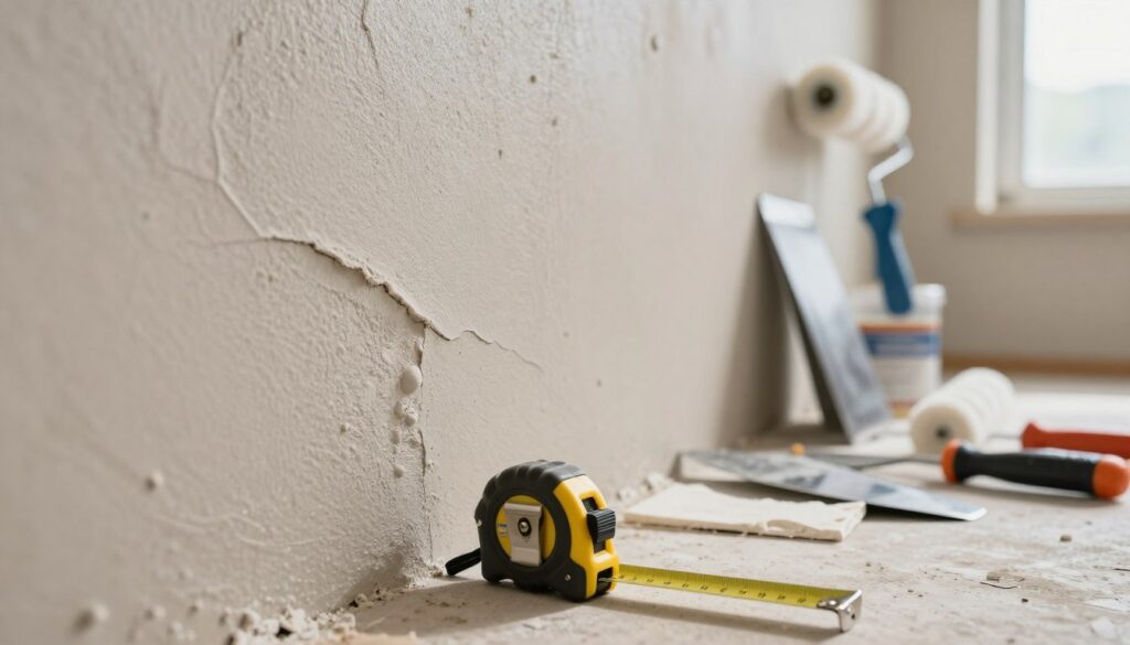 A close-up view of a textured wall displaying visible inconsistencies, such as bumps, waves, and cracks, highlighting the scale of these imperfections. In the foreground, a tape measure is laid against the wall to indicate measurement of unevenness. The middle ground features a variety of tools and supplies for wall finishing, including a putty knife, spackle, and a paint roller, arranged neatly. The background is softly blurred to emphasize the wall and tools, suggesting a DIY setting. Natural light streams in from a window, creating a warm, inviting atmosphere, while a slight shadow adds depth. The overall mood is constructive and practical, embodying a hands-on approach to home improvement.
