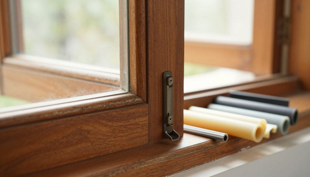 A close-up view of a traditional wooden window frame, showcasing intricate craftsmanship and natural wood grain. The foreground focuses on a section of the frame with visible weathering, emphasizing the character of aged wood. In the middle ground, an assortment of rubber and silicone seals designed for wooden windows lies beside the frame, illustrating various types and sizes. The background is softly blurred, hinting at a bright, airy room illuminated by warm, natural light streaming through the window. Use a shallow depth of field to draw attention to the details of the window and seals. The atmosphere conveys a sense of comfort and nostalgia, perfect for discussing options for wooden window seals.