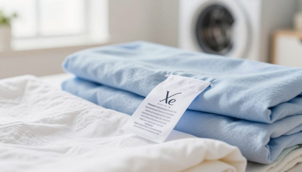 A close-up view of a washing label with detailed fabric care instructions, prominently displaying the brand's logo in an elegant, minimalist font. The label is nestled among a neatly arranged pile of various colored bed linens—soft whites, calming blues, and subtle pastels—suggesting the importance of color segregation before washing. In the background, a bright and airy laundry room can be glimpsed, with natural light streaming in through a window, creating a warm and inviting atmosphere. The composition should have a shallow depth of field, focusing sharply on the label while the linens gently blur out, capturing the meticulous care involved in laundry preparation. Emphasize a clean, organized aesthetic to convey a sense of order and attention to detail.