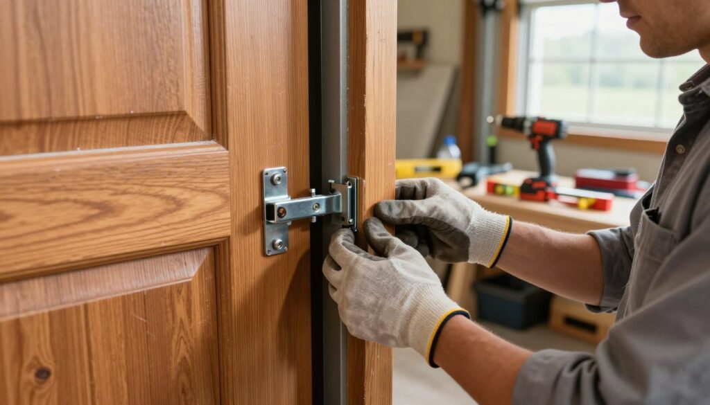 A close-up view of a wooden garage door being installed, focusing on the hinge assembly. In the foreground, a professional contractor in a button-up shirt and work gloves is meticulously aligning the heavy-duty metal hinges with the wooden frame. The middle ground features the partially installed garage door, showcasing its rich wood grain texture and protective sealant. In the background, a well-lit garage space is visible, with tools like a power drill, level, and clamps neatly arranged on a workbench. Soft, natural light filters through a nearby window, creating an atmosphere of diligent craftsmanship and precision. The overall mood is one of focused professionalism, emphasizing the importance of proper installation for smooth operation.