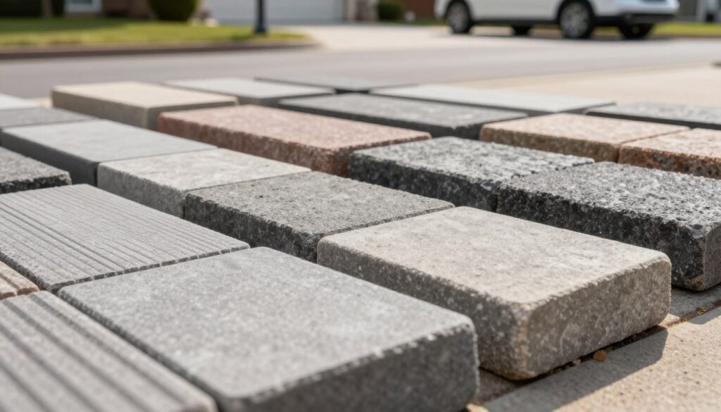 A close-up view of different samples of paving stones, showcasing their thickness and texture. The foreground features a well-structured, thick paving stone with visible grooves and a smooth finish, reflecting durability under heavy loads. The middle area includes a variety of paving stones arranged artistically, each with different colors and thicknesses, emphasizing their use in garage and driveway settings. The background displays a softly blurred suburban driveway with a car parked on the newly paved surface. The lighting is bright and inviting, mimicking natural sunlight, creating subtle shadows to enhance the details. The overall atmosphere is professional and informative, ideal for an educational article about selecting paving stones based on thickness and resistance to wear.