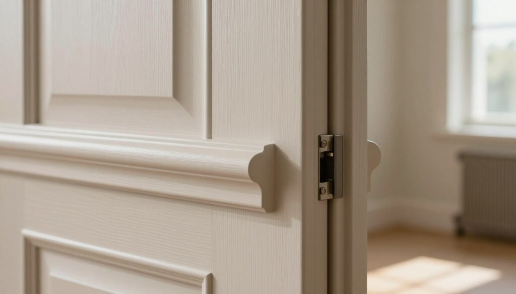 A close-up view of expertly finished door jambs and niches around a modern wooden door. The foreground features precise mitred corners, showcasing craftsmanship with clean lines and elegant details. In the middle, focus on the smooth finish of the door's gliders and the surrounding trim, all painted in a soft, neutral color to enhance the aesthetic. The background softly fades into a softly lit room, highlighting the door as the focal point. Natural light streams in from a nearby window, creating gentle shadows that accentuate the textures of the materials. The overall mood conveys professionalism and attention to detail, suitable for a home interior design context.