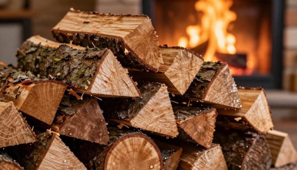 A close-up view of freshly cut logs stacked neatly, showcasing different types of wood with varying textures and colors. The foreground features a detailed focus on the grain patterns and moisture droplets on the surface of the logs, emphasizing the importance of wood humidity. In the middle ground, the arrangement of the logs forms a pyramid shape, allowing for optimal airflow, and the background is softly blurred, depicting a warm, inviting fireplace setting with soft golden light casting gentle shadows. The atmosphere is cozy and rustic, evoking a sense of preparation for a long-lasting, clean fire. The image should be bright and vibrant, illustrating the beauty of well-chosen firewood. A close-up view of freshly cut logs stacked neatly, showcasing different types of wood with varying textures and colors. The foreground features a detailed focus on the grain patterns and moisture droplets on the surface of the logs, emphasizing the importance of wood humidity. In the middle ground, the arrangement of the logs forms a pyramid shape, allowing for optimal airflow, and the background is softly blurred, depicting a warm, inviting fireplace setting with soft golden light casting gentle shadows. The atmosphere is cozy and rustic, evoking a sense of preparation for a long-lasting, clean fire. The image should be bright and vibrant, illustrating the beauty of well-chosen firewood.