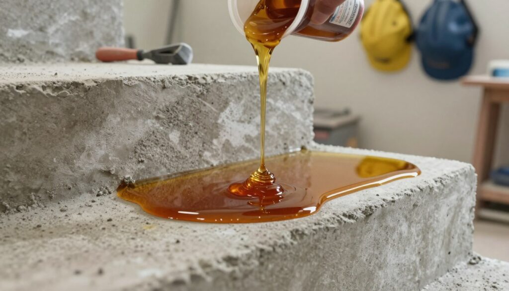 A close-up view of freshly mixed resin for concrete stair repair, showcasing the glossy texture and rich amber color of the material. In the foreground, a handful of resin is being poured from a container, glistening in the soft light. The middle ground features a partially repaired concrete step with the resin applied, highlighting its smooth consistency and seamless integration into the surface. In the background, subtle details of a workshop can be seen, with tools for concrete work and safety gear hanging on the wall, softly blurred to focus on the resin. The lighting is warm and inviting, creating a professional but approachable atmosphere, suitable for a construction or DIY setting.