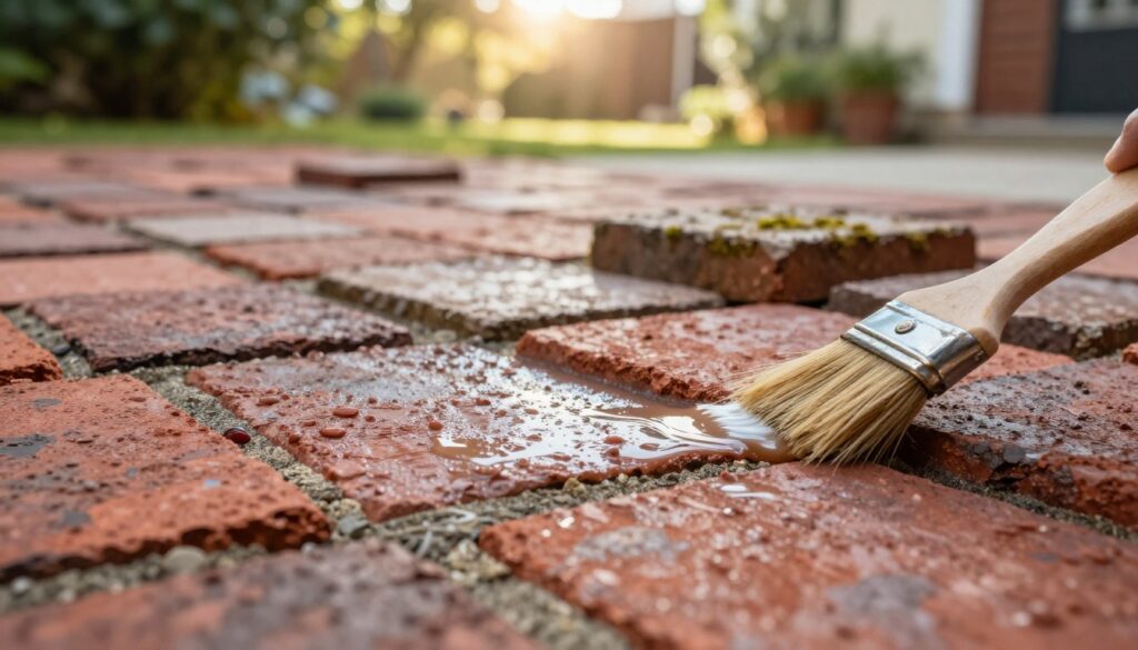 A close-up view of rustic brick paving, showcasing meticulously filled joints and edges, emphasizing the detailed texture of the bricks. In the foreground, water-resistant sealant being applied to the surface, with a smooth brush capturing the light. The middle section features neatly arranged reclaimed bricks, varying in shades of red and brown, with some moss accents to enhance the natural look. The background displays a tranquil garden setting, with soft, diffused sunlight filtering through trees, creating a warm atmosphere. The scene evokes a sense of craftsmanship and durability, highlighting the importance of protecting the brickwork against moisture and frost. The image should have a shallow depth of field to focus on the brick surface while gently blurring the background elements.