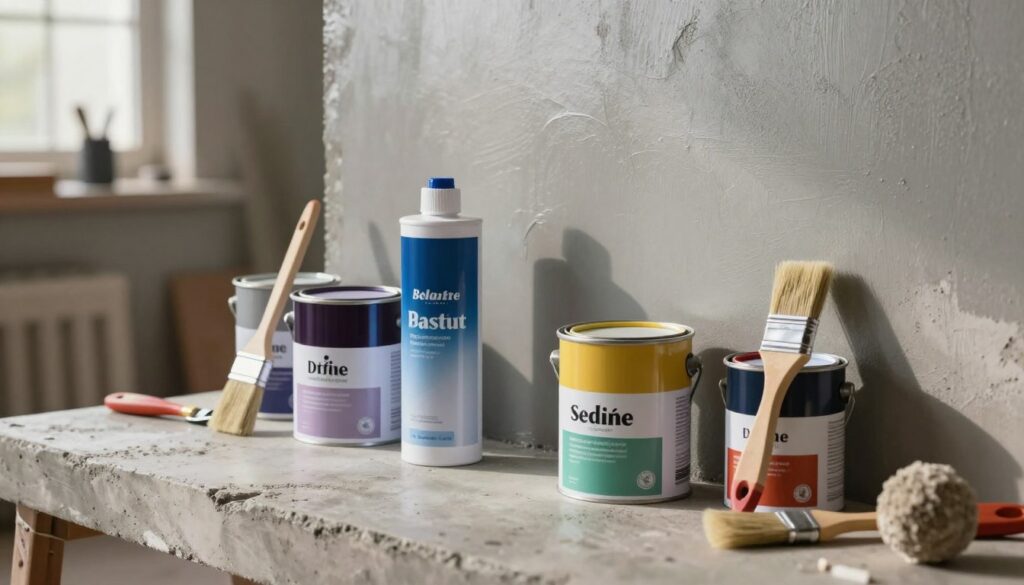 A close-up view of various concrete paints and sealants arranged artistically on a textured concrete surface. The foreground showcases paint cans labeled with vibrant colors, brushes, and small tools, glistening under warm, ambient lighting that highlights their textures. In the middle ground, a wall section is partially coated with a moisture-resistant paint, demonstrating a smooth, matte finish. The background features a softly blurred workshop environment, with tools and supplies indicating a DIY setting. The atmosphere is professional and inviting, emphasizing durability and resilience against moisture. Natural light filters through a nearby window, casting gentle shadows and creating an industrious yet approachable mood. The composition balances aesthetics with functionality, perfectly illustrating the concept of concrete coatings.