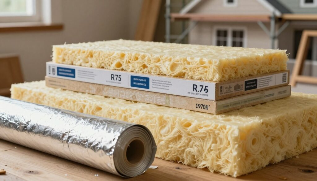A close-up view of various insulation materials arranged aesthetically on a wooden surface, highlighting options like fiberglass batts, foam panels, and cellulose insulation. In the foreground, a roll of reflective insulation is partially unrolled, showcasing its shiny surface. The middle layer features a selection of insulation boards stacked neatly, each labeled with their R-values and technical details. The background includes a partially blurred image of a 1970s home under renovation, with visible scaffolding and construction tools, conveying an ongoing modernization project. The lighting is soft and warm, creating an inviting atmosphere that suggests comfort and energy efficiency. The composition should reflect a professional yet approachable setting to emphasize the importance of proper insulation in home modernization.